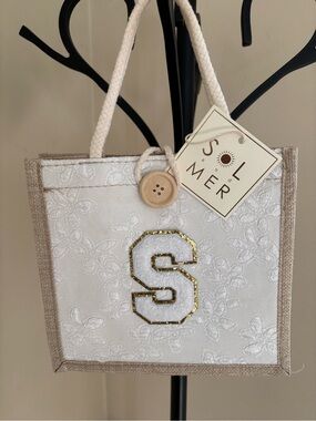 Sol And Mer Linen 8x8 Tote Bag With Initial S New With Tags White Gold